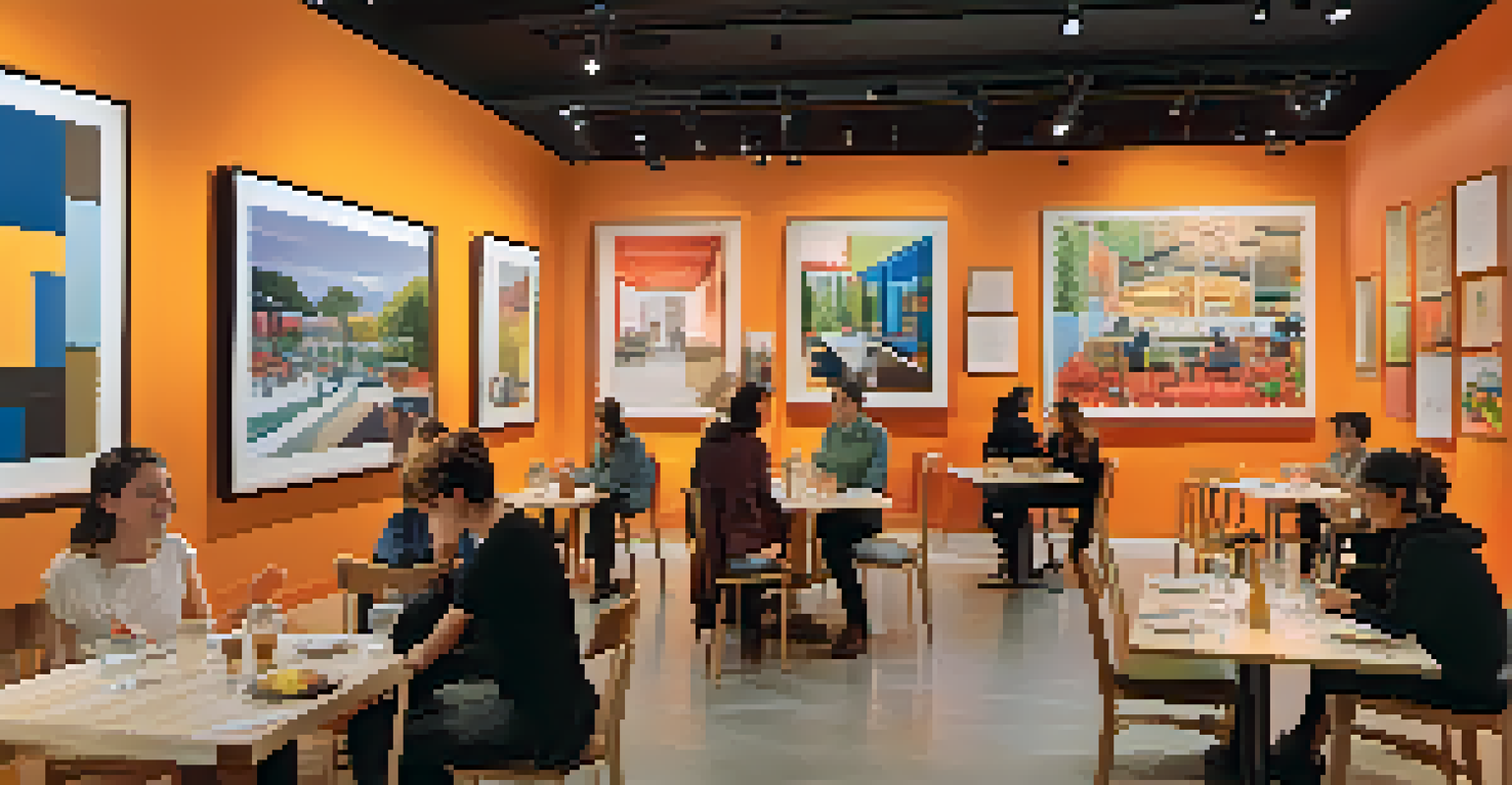 A cozy café inside the Museum of Contemporary Art with modern furniture, visitors enjoying meals, and vibrant artwork on the walls, creating an inviting atmosphere.