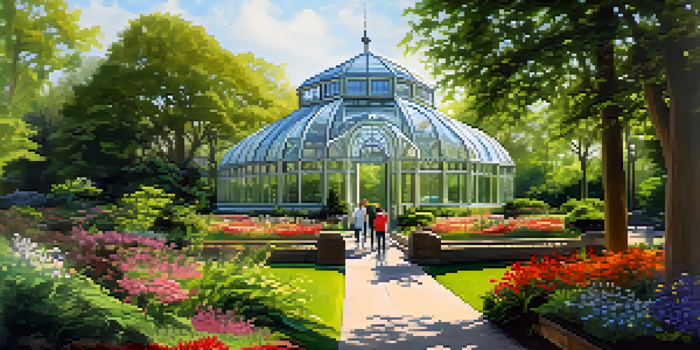 A couple walking in Lincoln Park, surrounded by colorful flowers and the glass structure of the Lincoln Park Conservatory under sunlight.