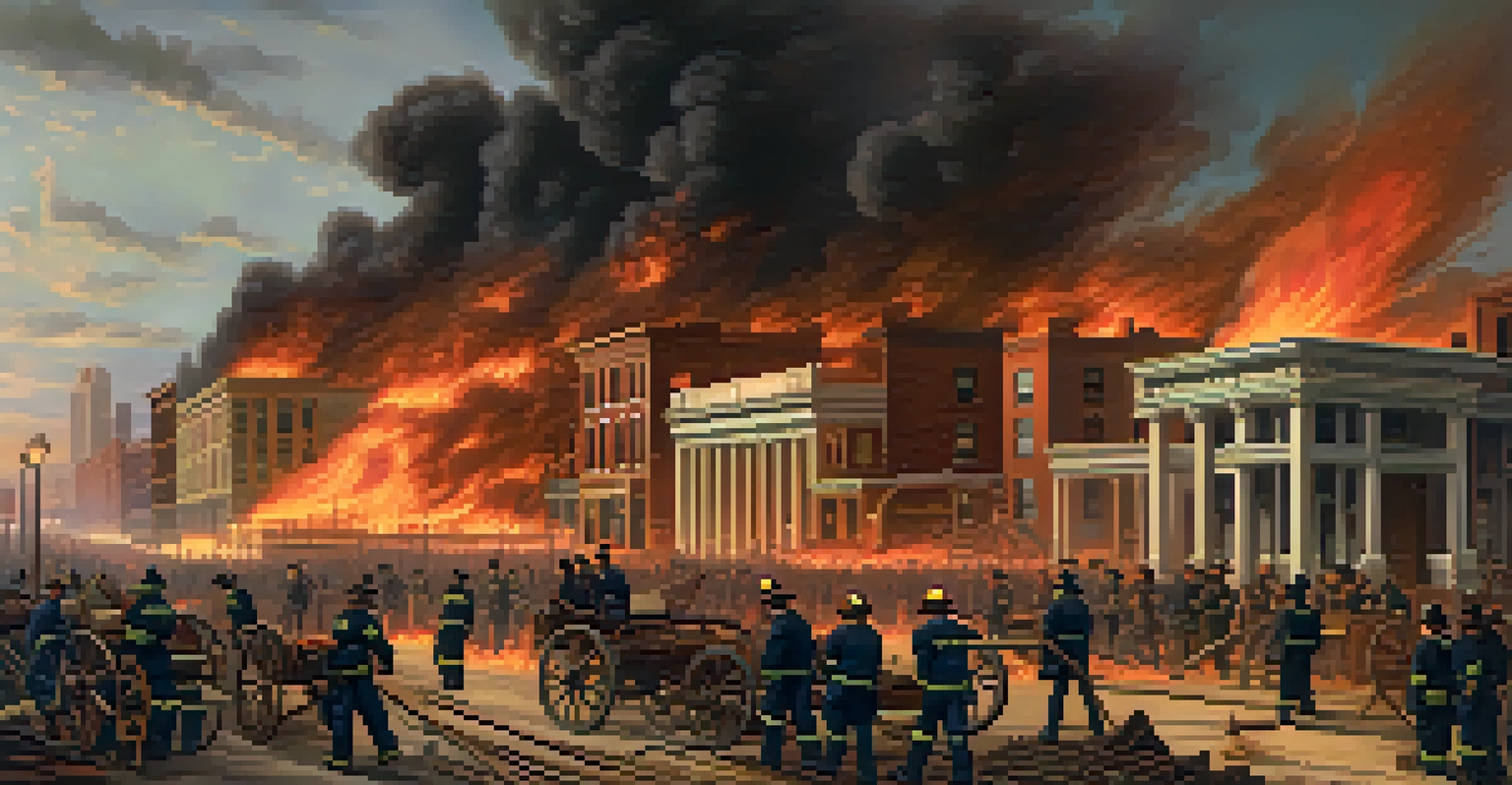 A dramatic portrayal of the Great Chicago Fire showing flames and firefighters amidst burning buildings.