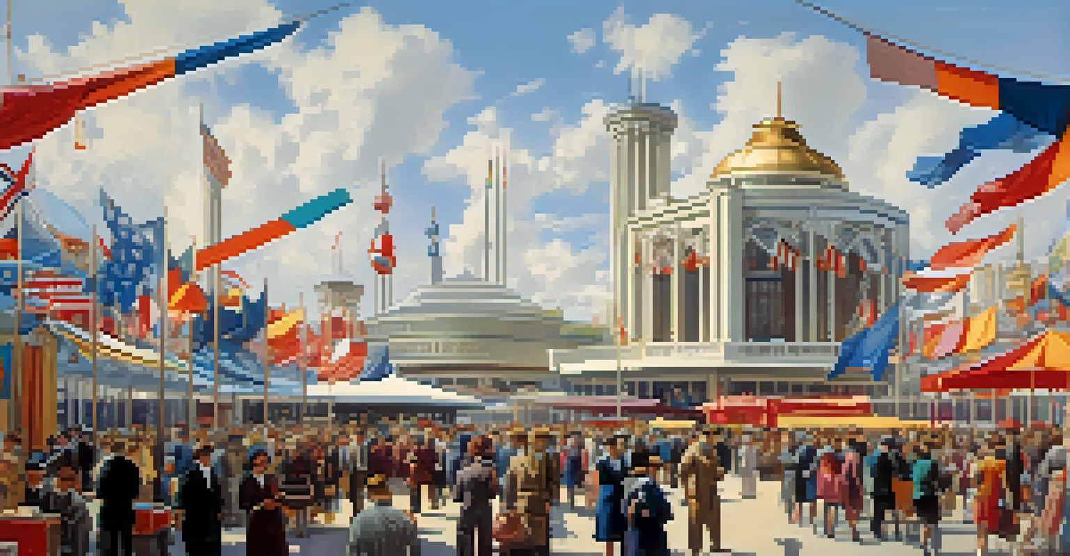 A lively scene from the Chicago World's Fair with people exploring neoclassical buildings and modern innovations.