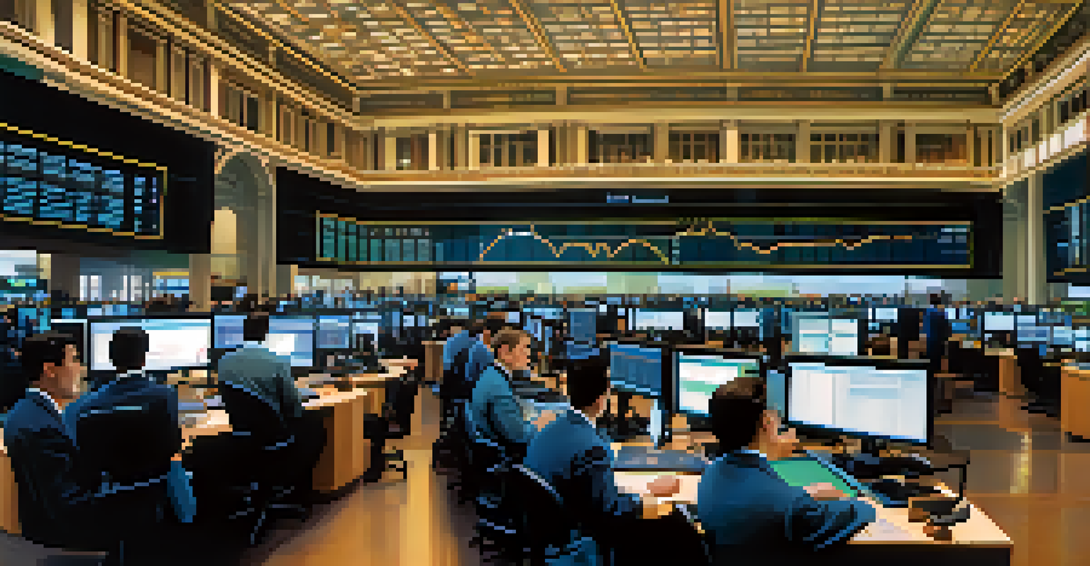 A modern trading floor at the Chicago Stock Exchange with diverse investors using technology to monitor stock prices.