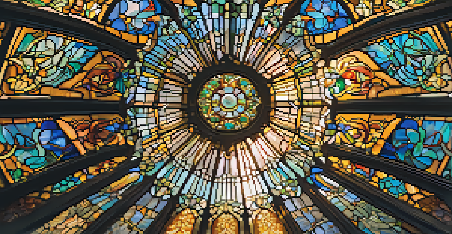 Close-up view of the Tiffany Dome showing intricate glass patterns and sunlight casting colors.
