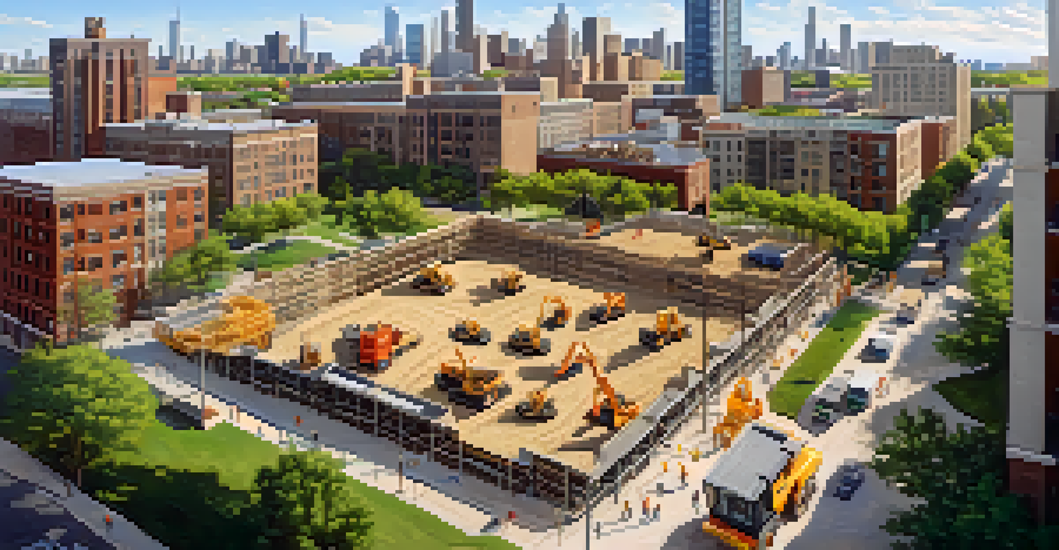An aerial view of a construction site in Chicago with cranes and workers, surrounded by buildings and green spaces.