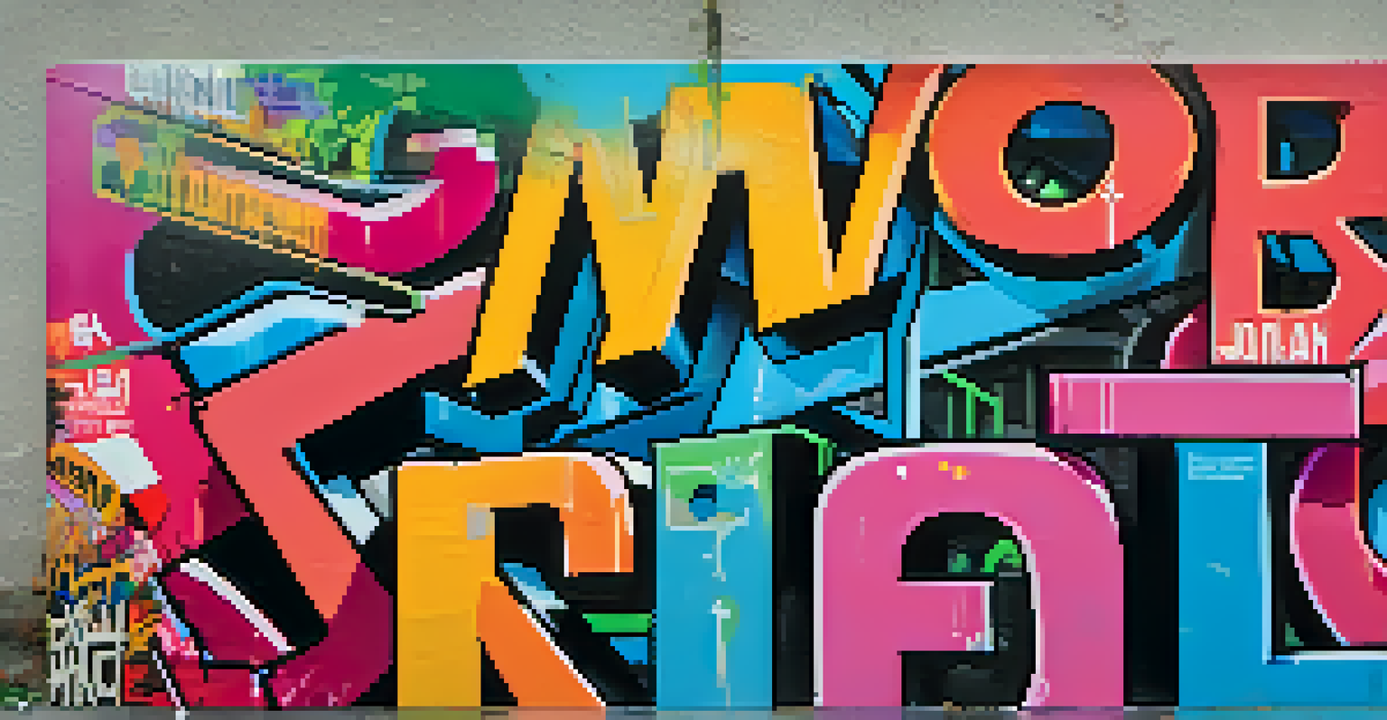 A close-up of a colorful street art piece with powerful imagery and text, showcasing intricate textures and vibrant colors.