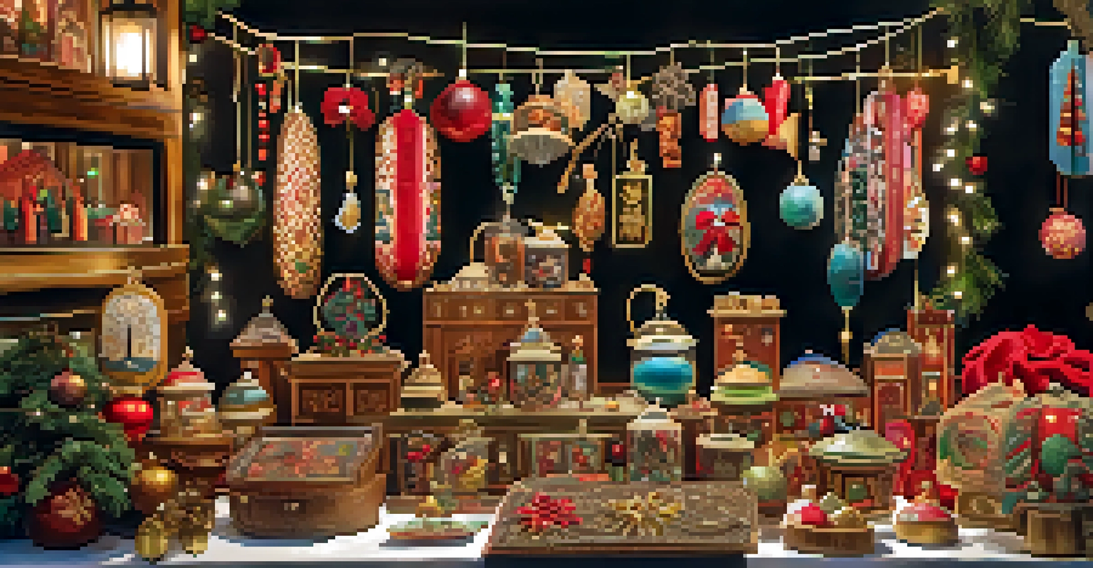 A close-up view of a vendor's booth filled with handcrafted gifts and warm lighting, showcasing a sense of community during the Chicago Christmas Market.