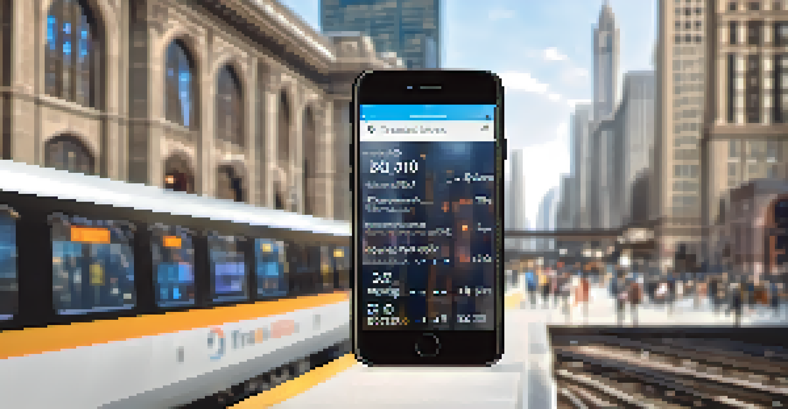 Close-up of a smartphone showing a transit app at a Chicago train station, with travelers blurred in the background.