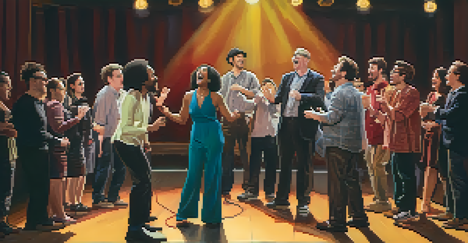 A lively improv comedy performance on stage with diverse comedians and a laughing audience, showcasing spontaneous humor.
