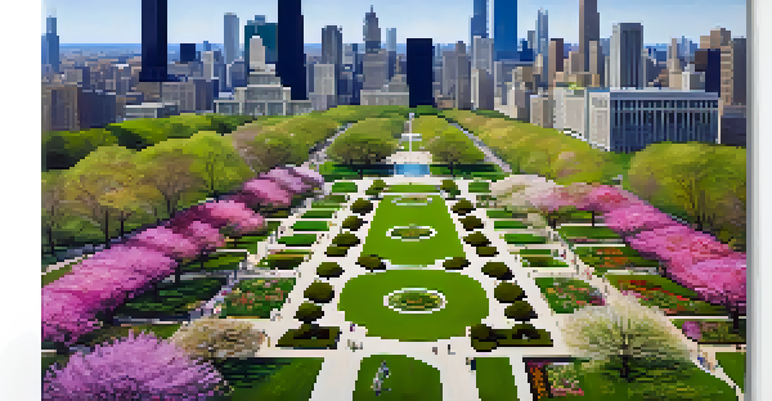 Aerial view of Grant Park in Chicago during spring, filled with blooming flowers and a backdrop of skyscrapers.