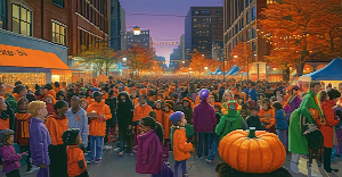 A lively Halloween parade scene featuring a colorful float with pumpkins and ghosts, surrounded by people in costumes and a twilight sky.