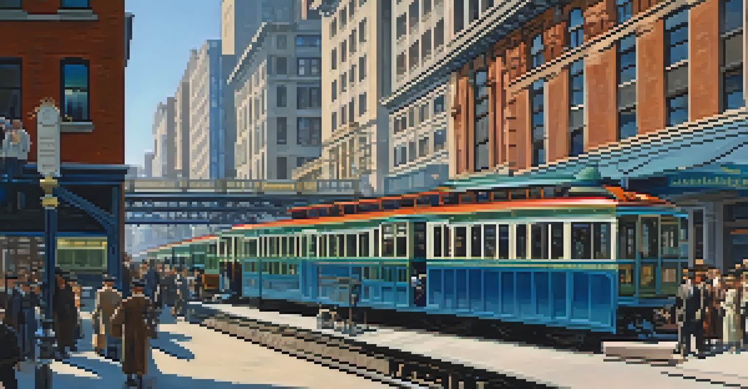 An elevated train in early 20th-century Chicago, with colorful cars above a bustling street filled with pedestrians and vintage automobiles.