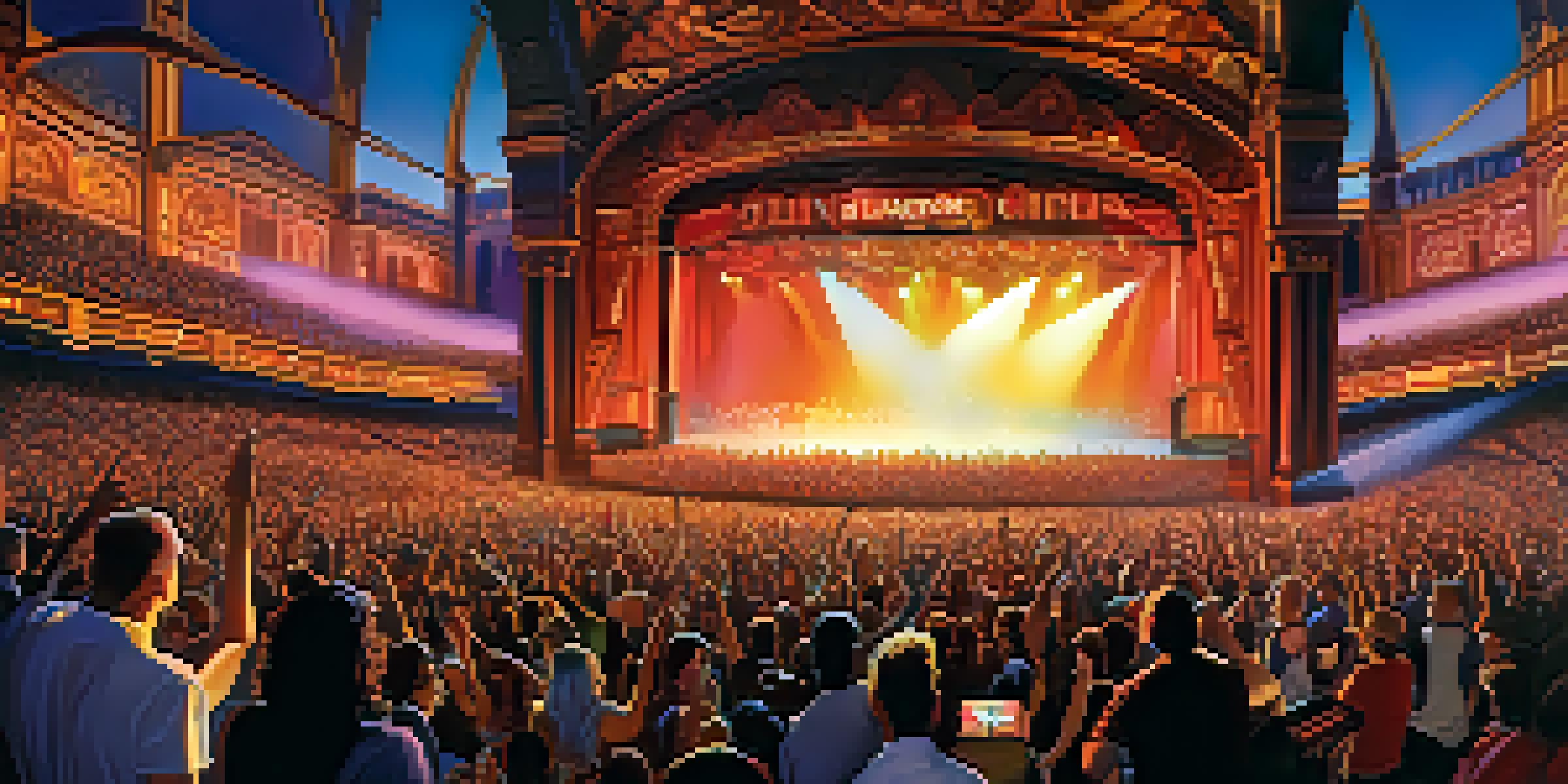 A lively rock concert at the Aragon Ballroom, filled with excited fans and colorful stage lights.