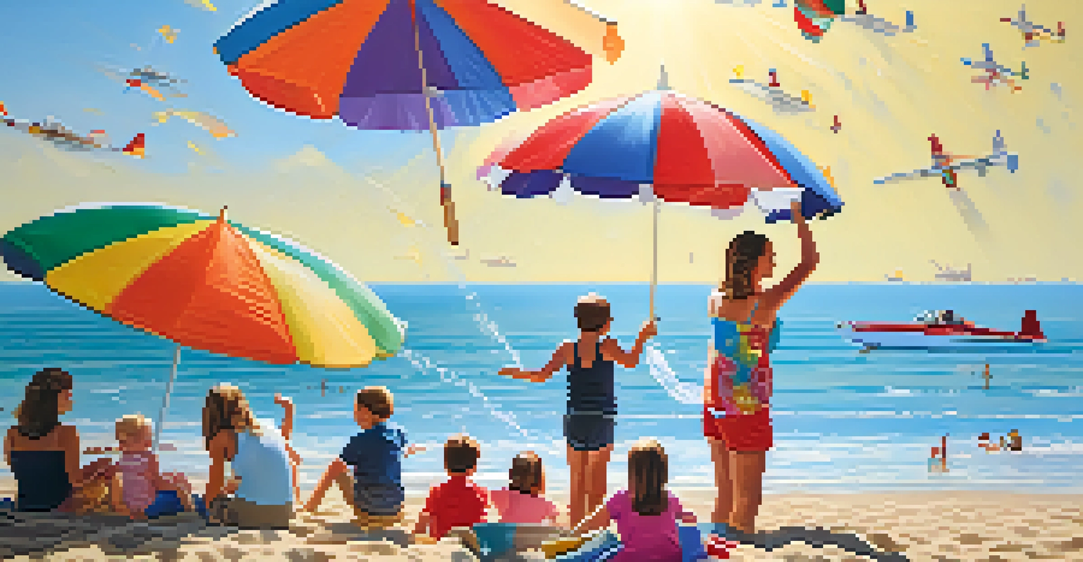 A family enjoying the Chicago Air and Water Show on the beach, with children watching planes fly overhead.