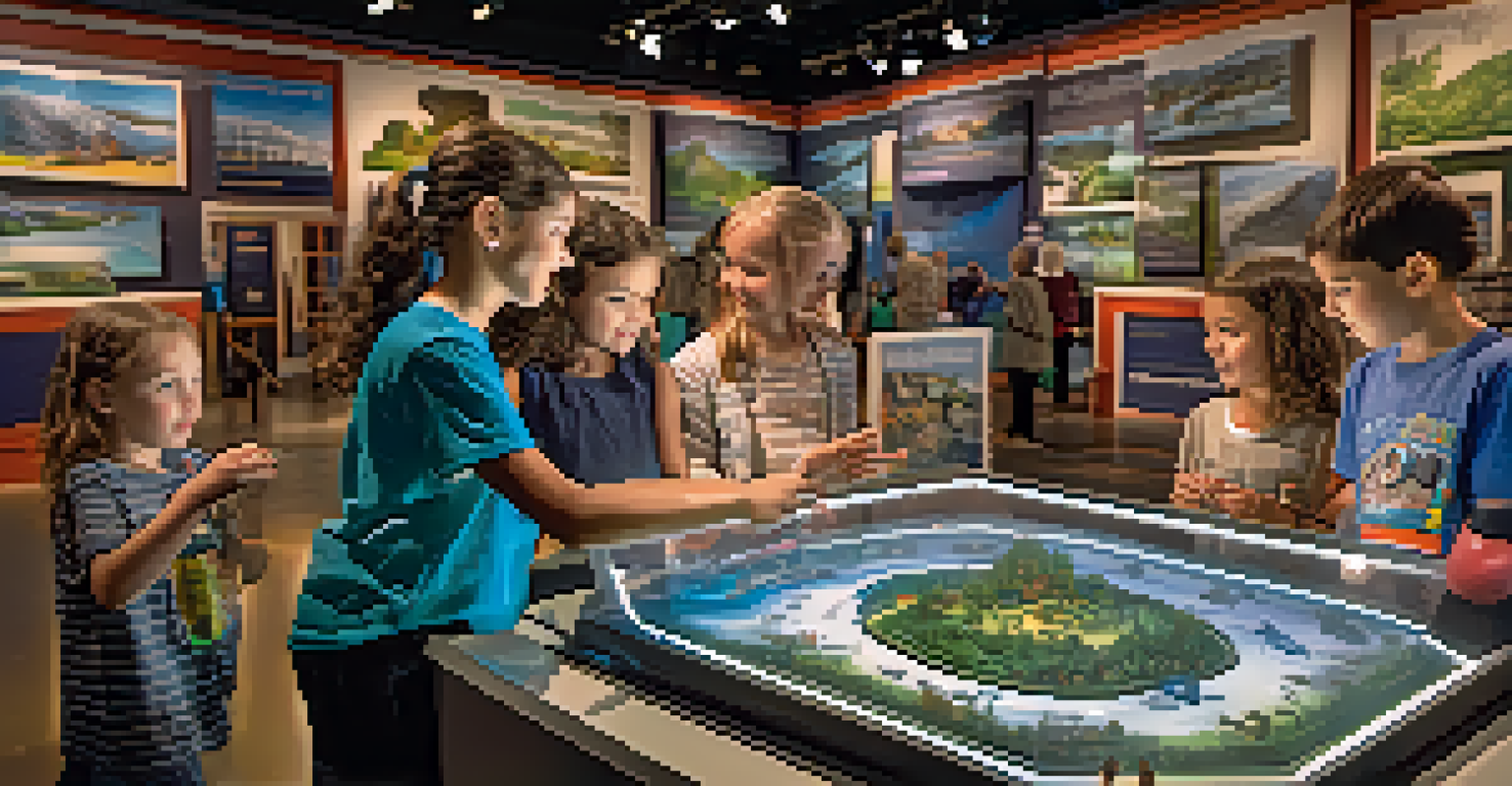 Visitors, including children, interacting with a colorful hands-on science exhibit inside the Museum of Science and Industry.