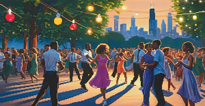A lively outdoor dance event in Chicago with diverse participants dancing under a twilight sky and a glowing city skyline.