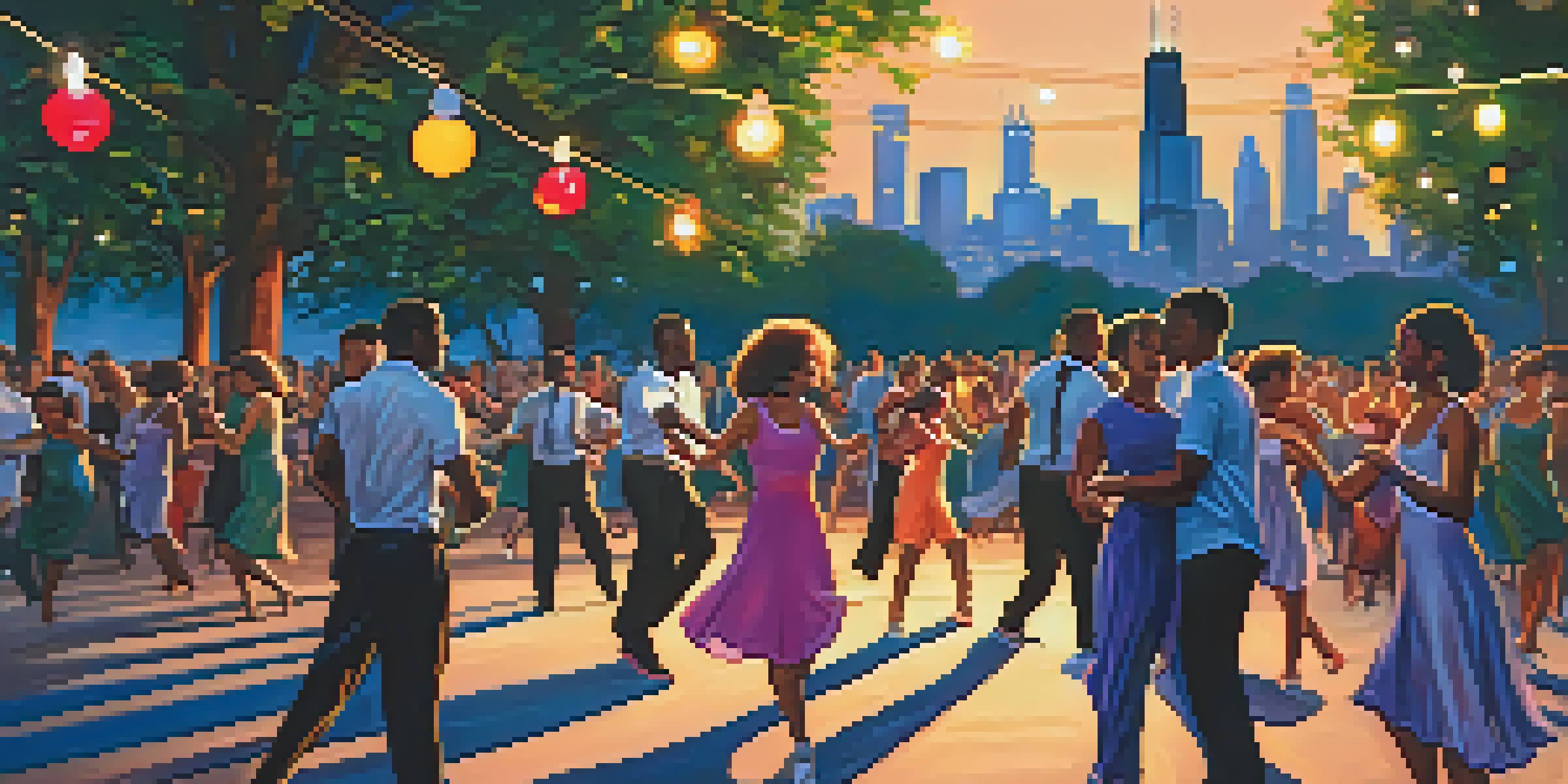 A lively outdoor dance event in Chicago with diverse participants dancing under a twilight sky and a glowing city skyline.