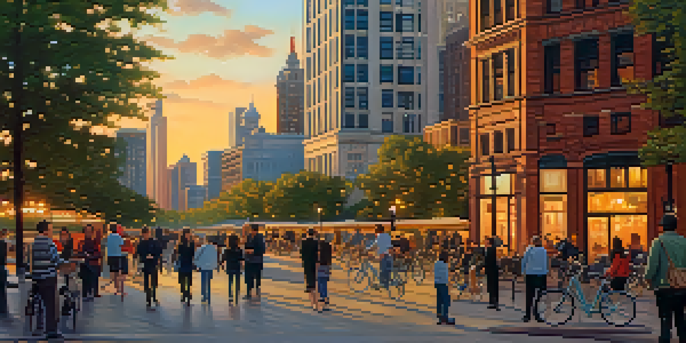A colorful sunset view of Chicago's skyline with historic and modern buildings, reflecting on Lake Michigan, and people walking on a busy street.