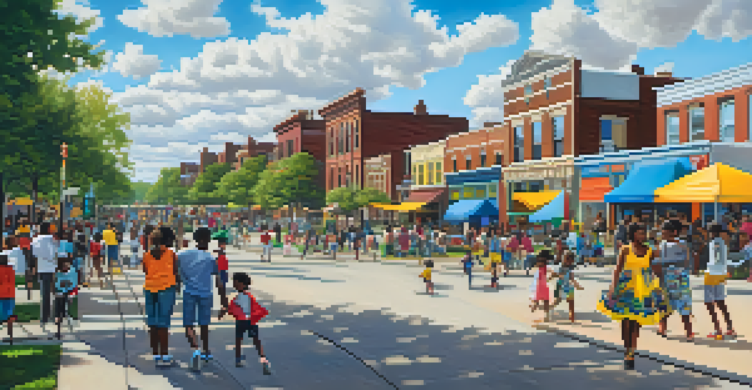 A modern view of Bronzeville, showing a mix of historical landmarks and contemporary buildings. A community event takes place in a park, with families enjoying cultural activities and colorful art.