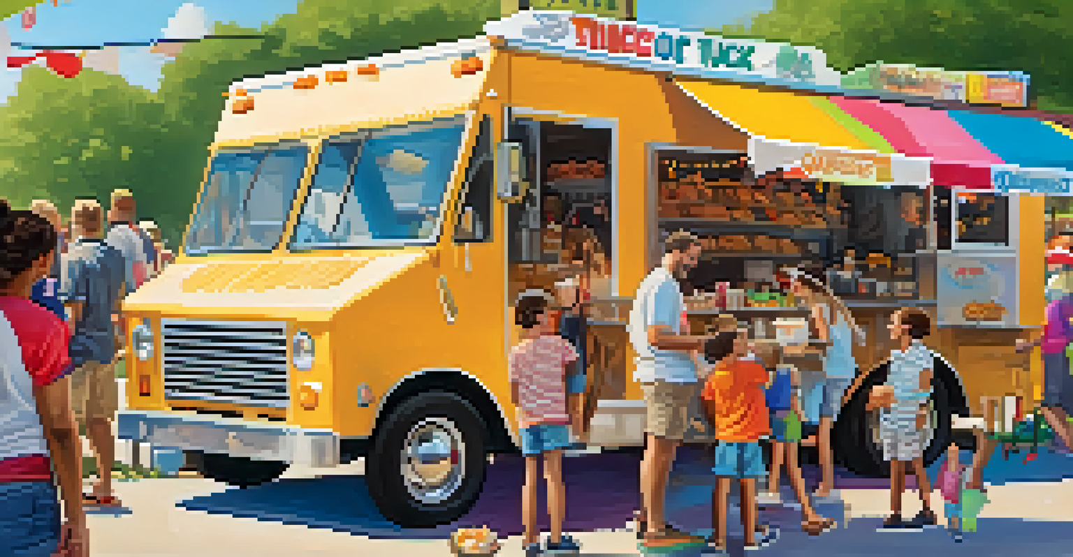 A cheerful family at a food truck festival in Chicago, enjoying food and activities with kids playing nearby.