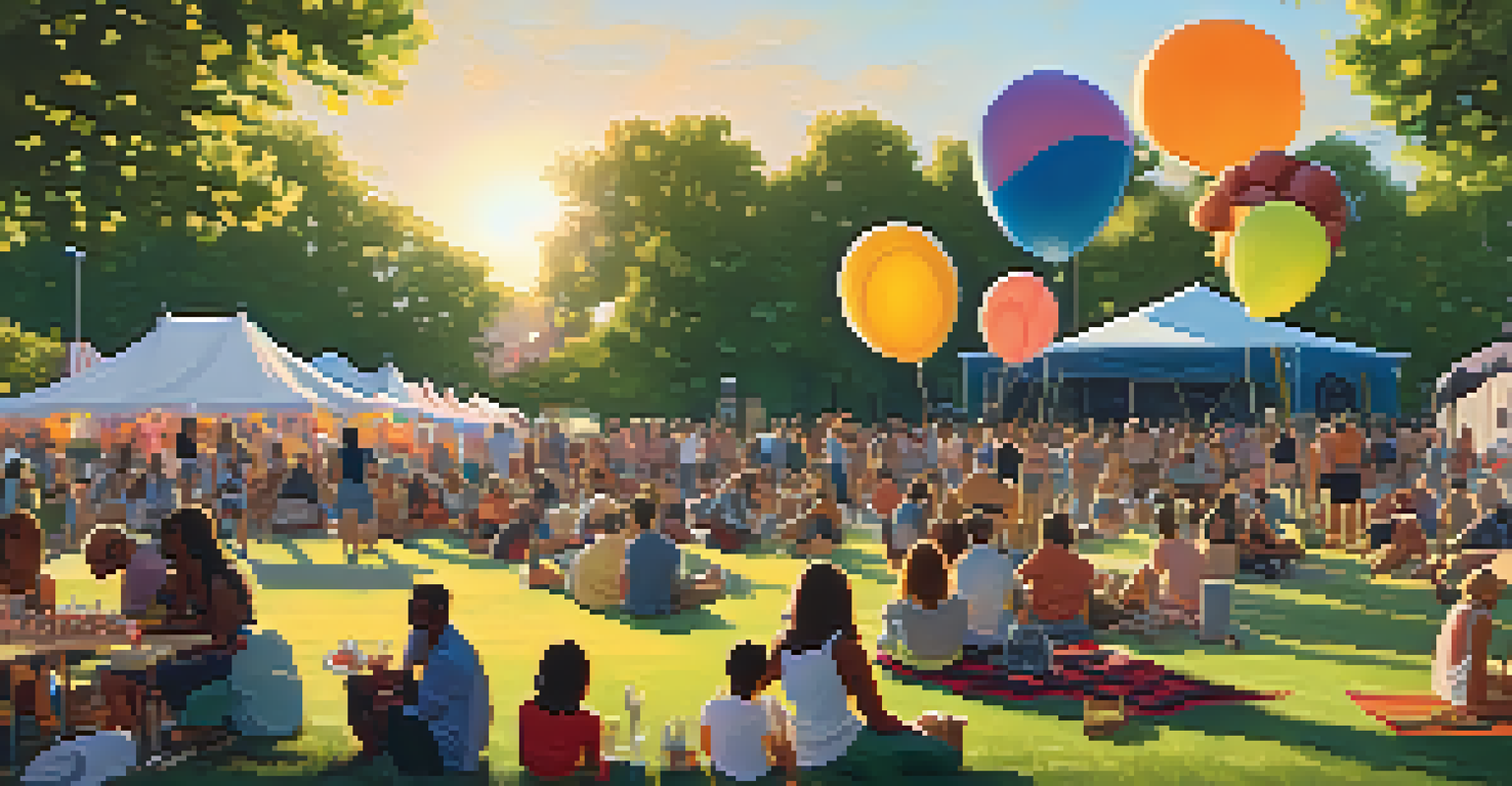 A lively community music festival in a park, featuring local musicians and a diverse audience enjoying the performances as the sun sets.