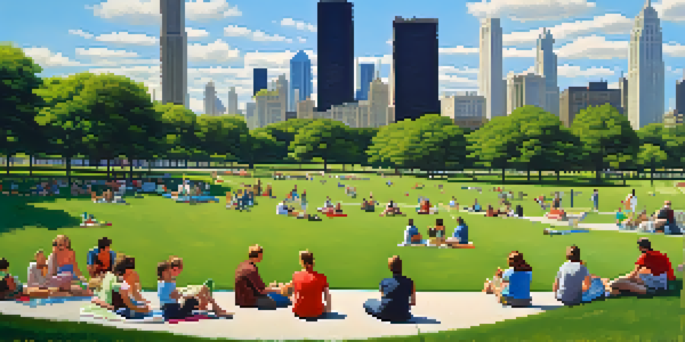 A sunny day in Grant Park, Chicago, with people picnicking and playing frisbee, and the city skyline in the background.