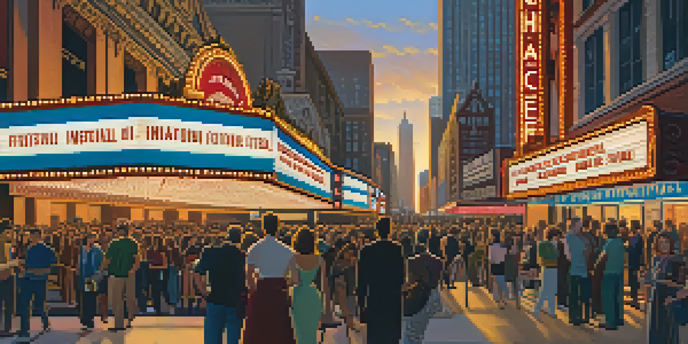 A vibrant outdoor scene of the Chicago International Film Festival with diverse attendees outside a historic theater during sunset.