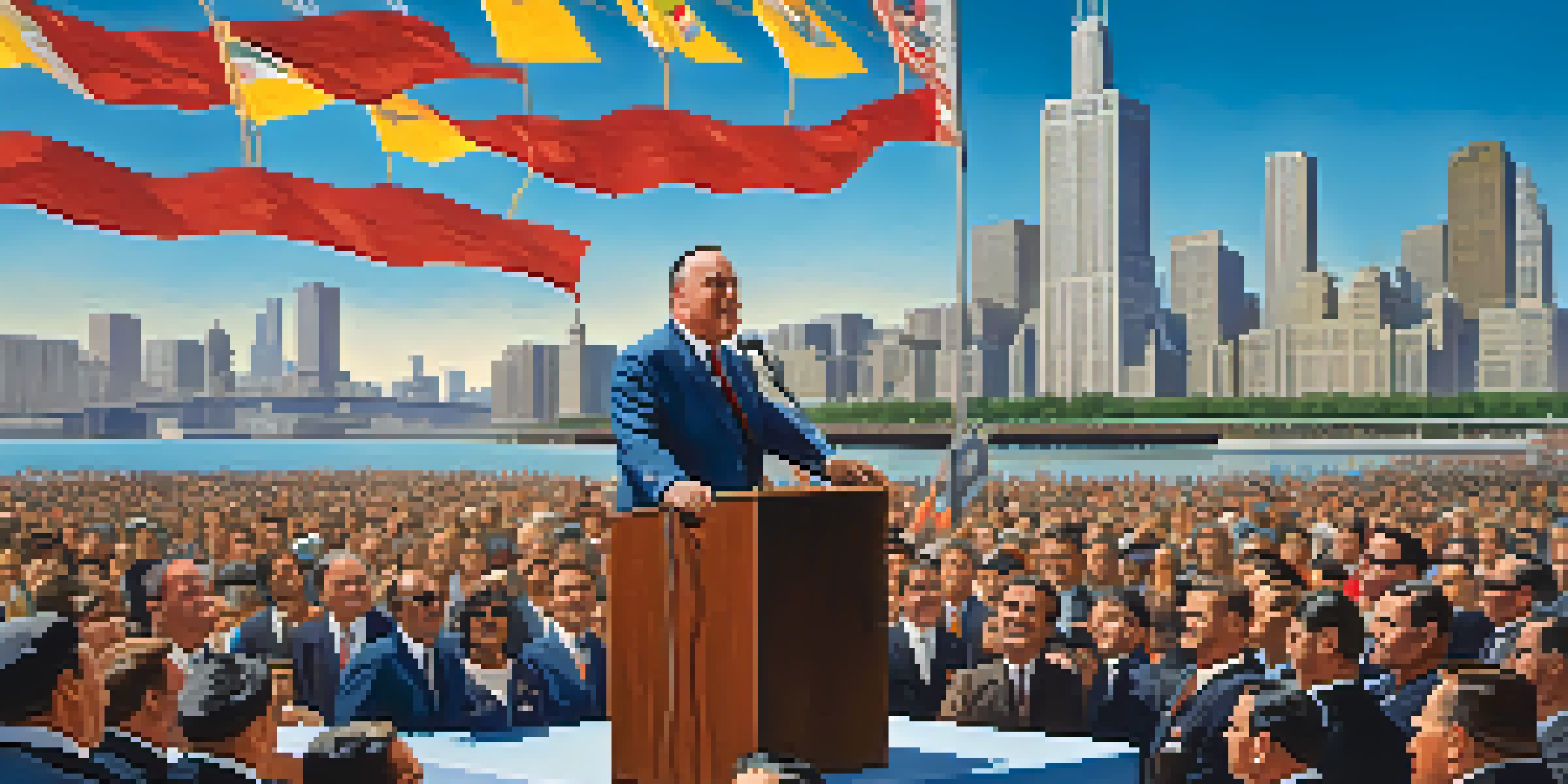 Richard J. Daley speaking at a podium during a political rally in Chicago, surrounded by a diverse crowd and the Chicago skyline.