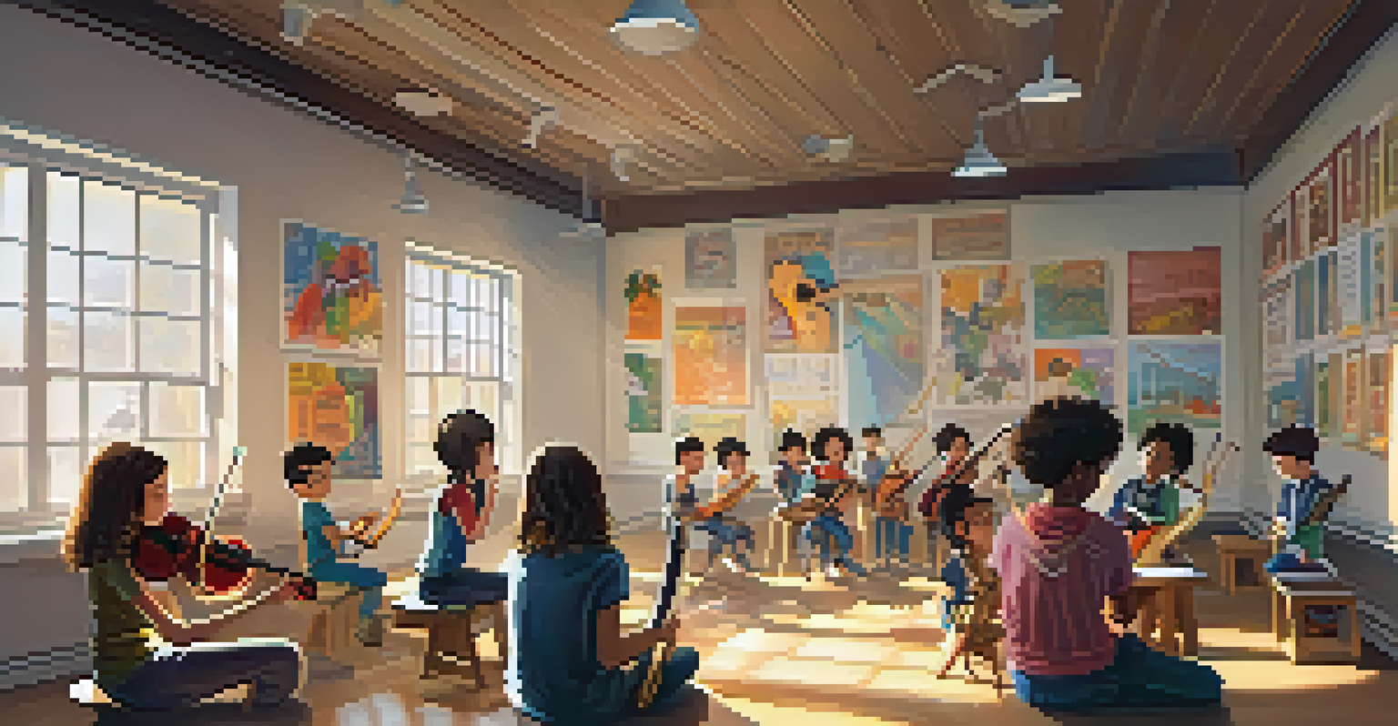 A guest artist teaching a music workshop to engaged students in a bright classroom filled with instruments.