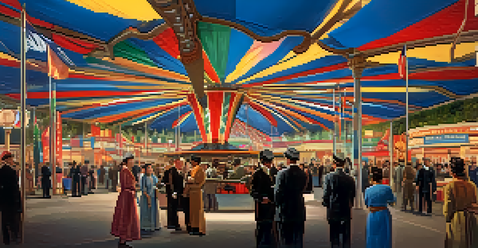 A vibrant scene of cultural diversity at the Chicago World's Fair with international pavilions and visitors in traditional costumes.