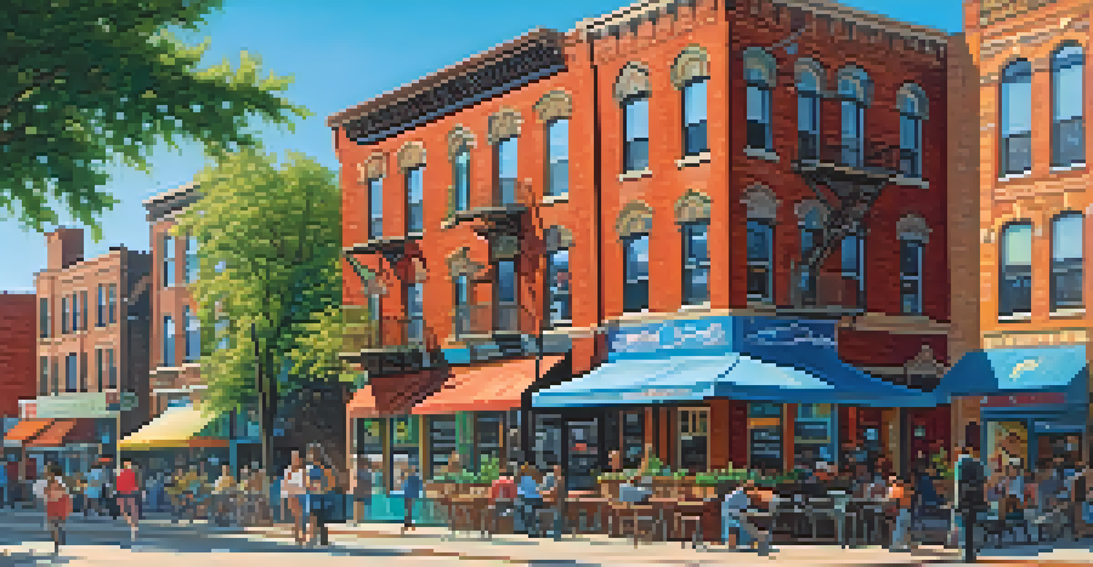 A colorful street scene in Pilsen, Chicago, with murals, pedestrians, and a café.