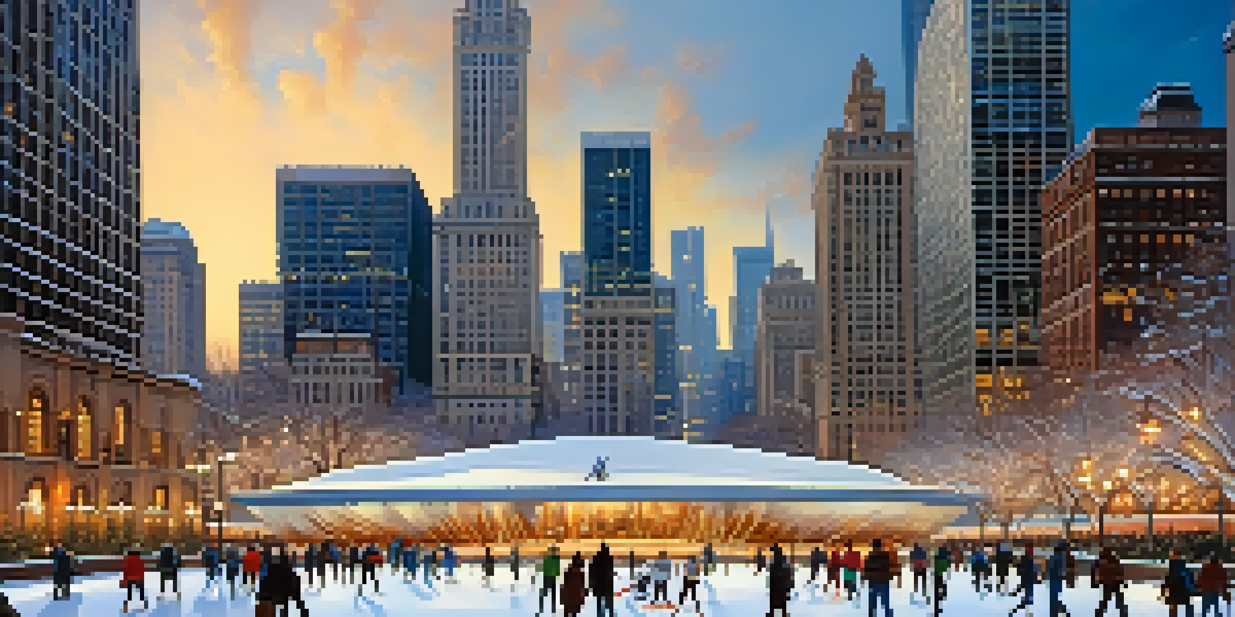 A winter scene in Chicago with ice skaters at Millennium Park, surrounded by snow-covered skyscrapers and warm holiday lights.