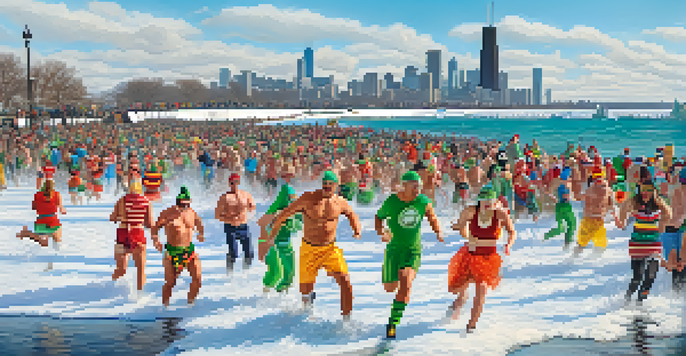 Participants in colorful costumes jumping into icy water at North Avenue Beach with spectators cheering in winter clothing.