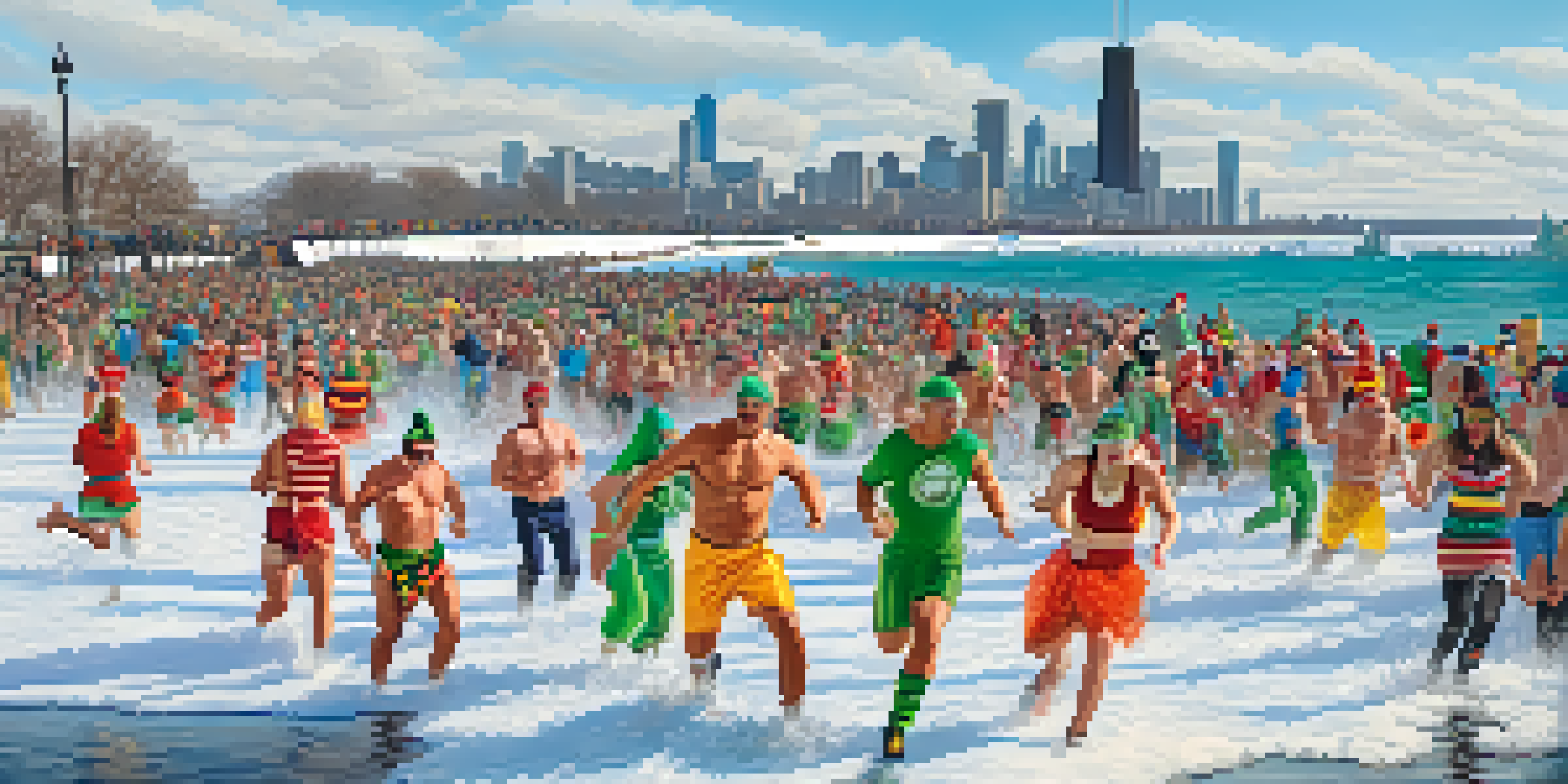 Participants in colorful costumes jumping into icy water at North Avenue Beach with spectators cheering in winter clothing.