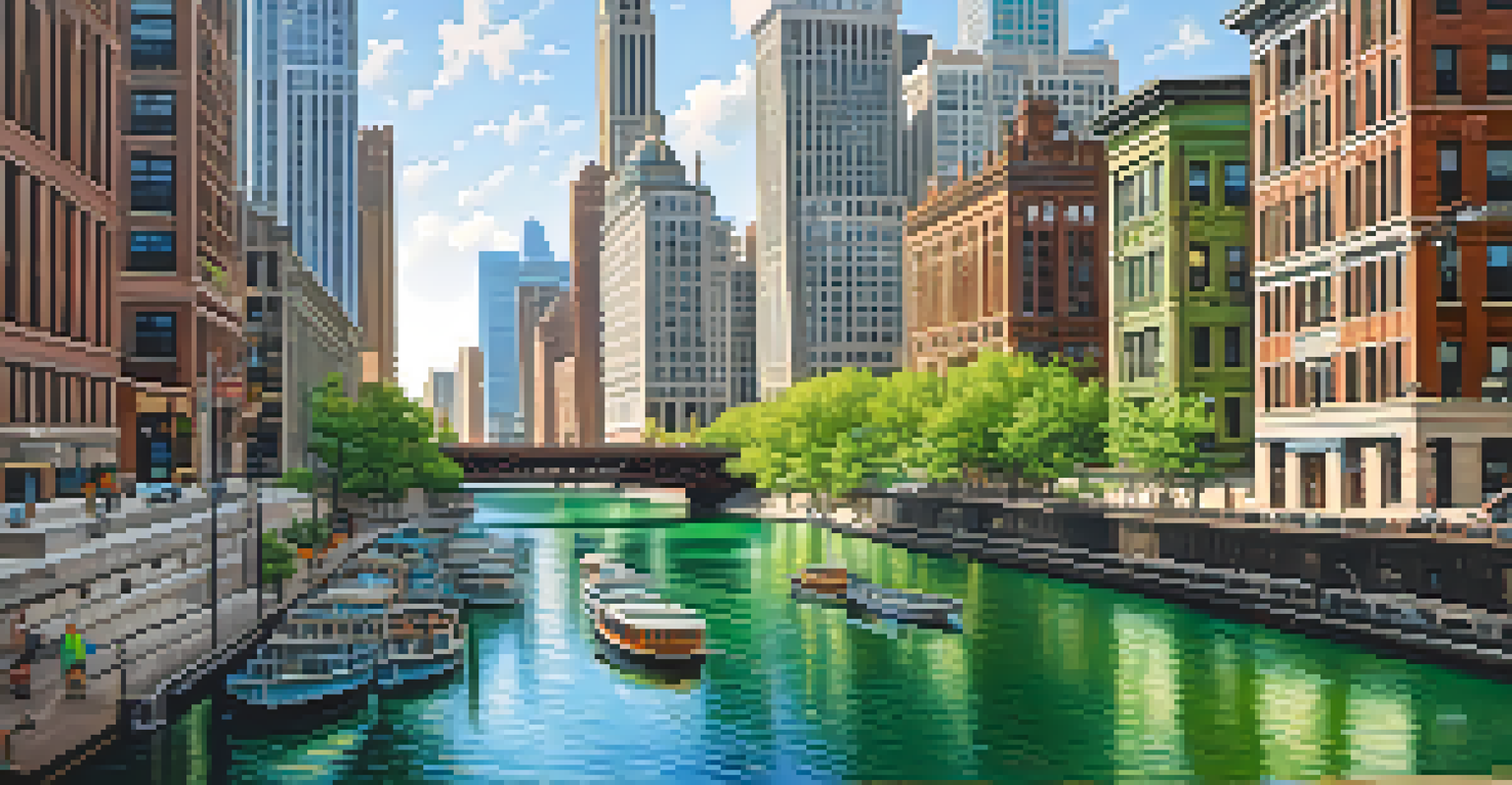 A mural of the Chicago River with vibrant colors depicting boats and buildings, illuminated by sunlight.