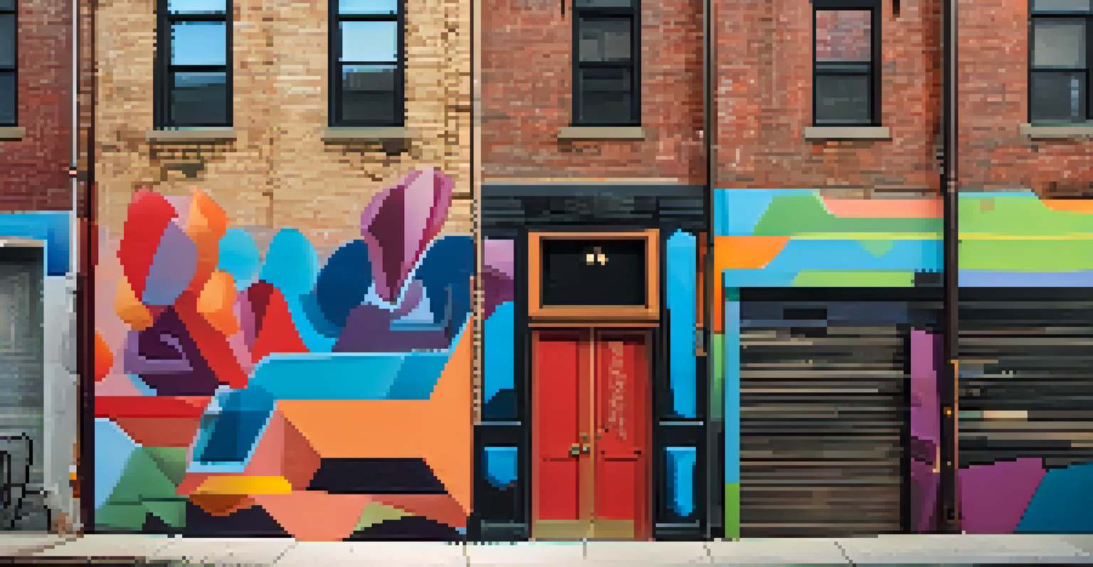 A contemporary mural in a Logan Square alley, blending traditional and modern styles with vibrant colors and abstract shapes, illuminated by soft afternoon light.