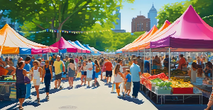 A lively summer festival in Logan Square Park with colorful tents, local vendors, and families enjoying the event under a clear blue sky.