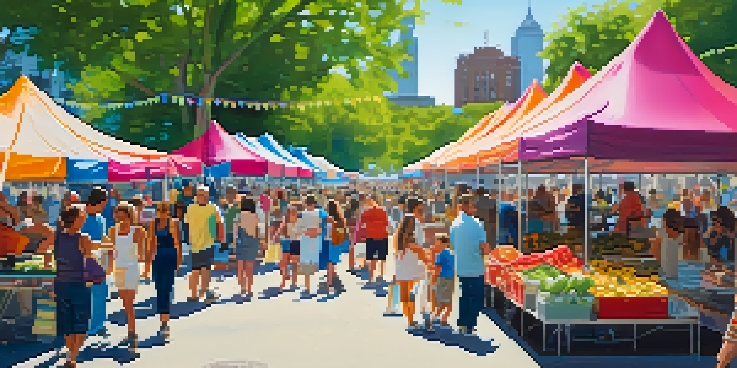 A lively summer festival in Logan Square Park with colorful tents, local vendors, and families enjoying the event under a clear blue sky.
