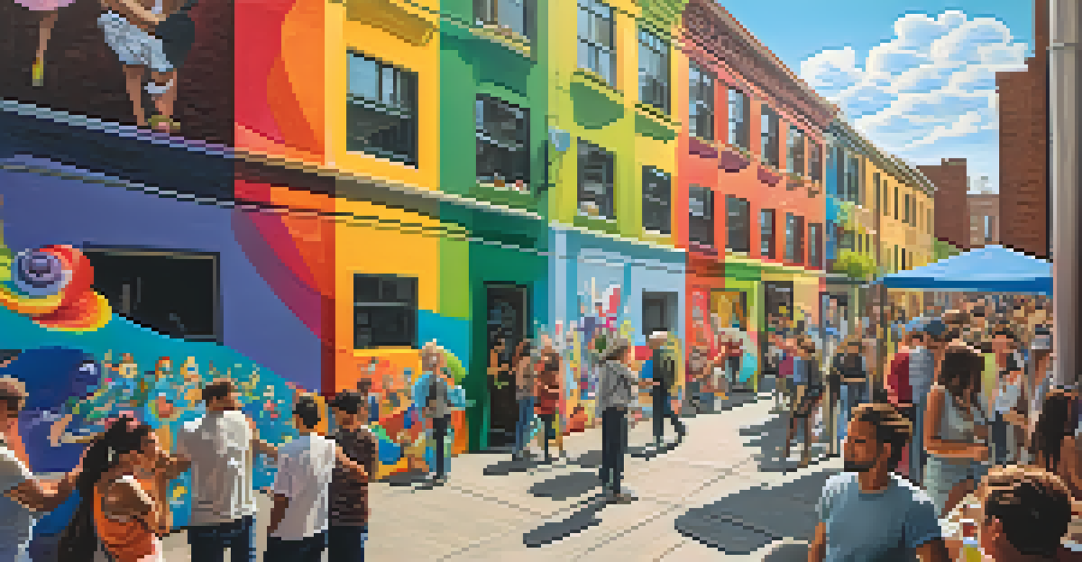 An artist painting a mural in an alleyway, surrounded by spectators, with bright colors and whimsical characters.