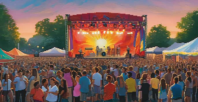 A lively outdoor music festival in a Chicago park with young musicians on stage and an enthusiastic crowd.