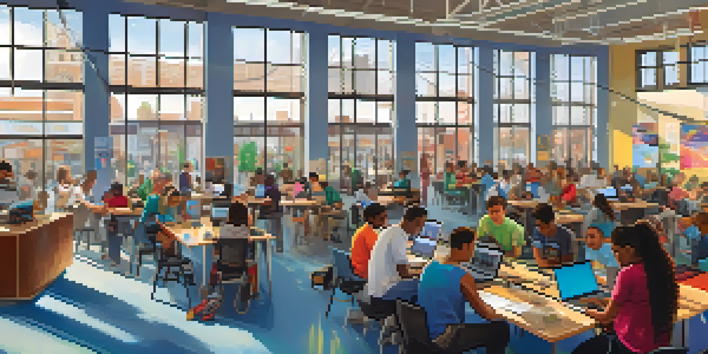 A busy community center in Chicago, with people participating in tech workshops and collaborating at tables with laptops, under colorful banners promoting technology education.