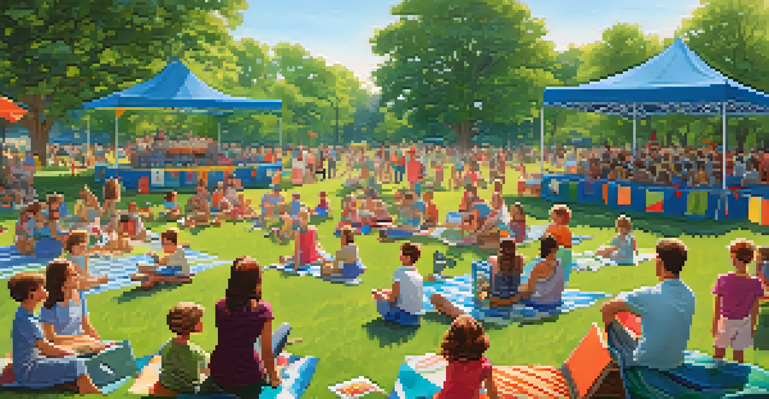 A lively summer concert in Memorial Park, with families enjoying the event amid lush greenery.