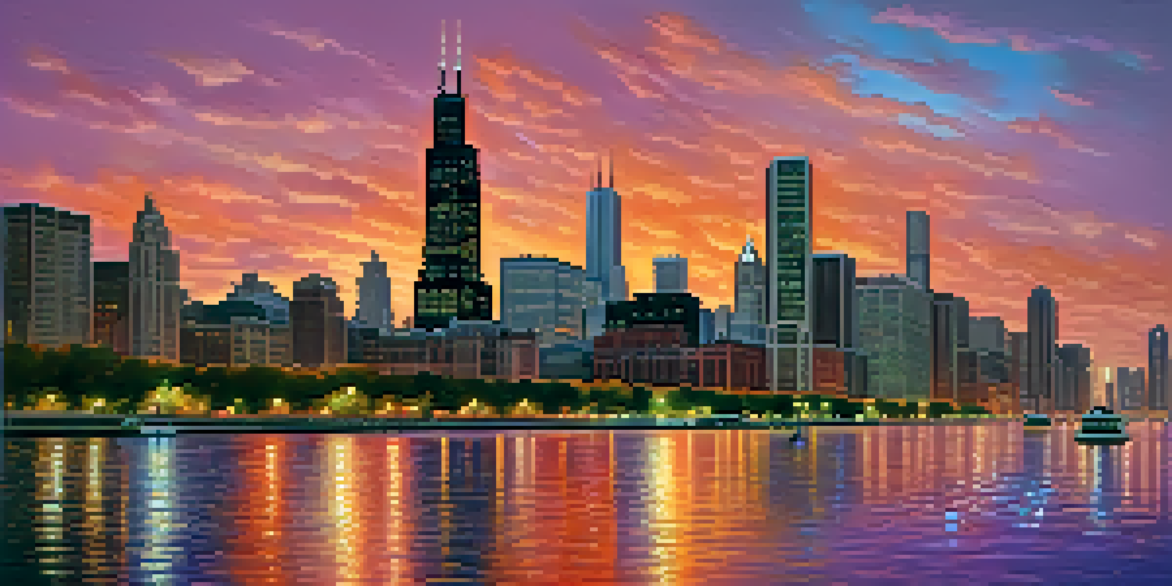 A vibrant sunset over the Chicago skyline with the river reflecting the iconic buildings.