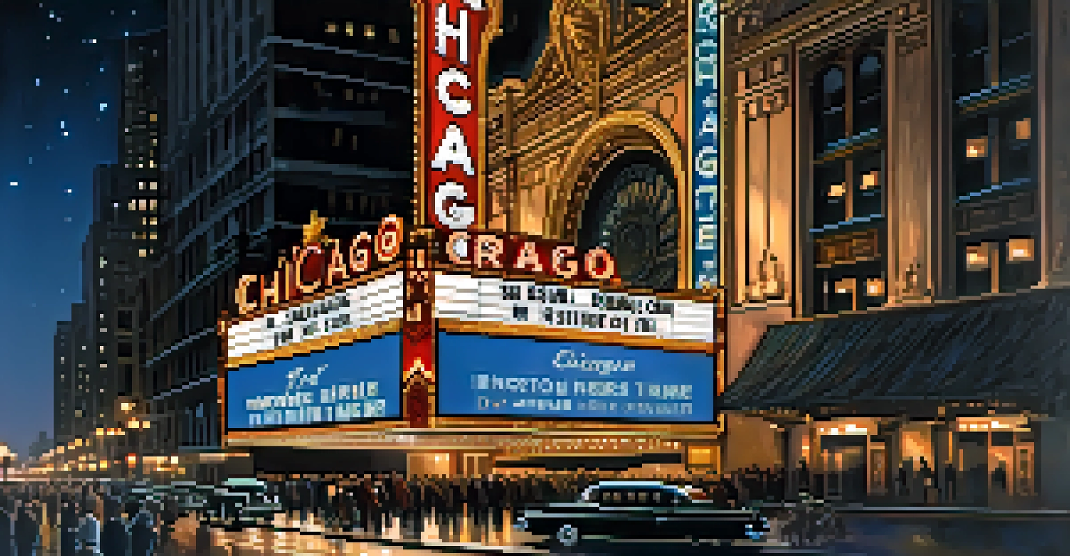 The Chicago Theatre at night, lit up with marquee lights and surrounded by crowds of people arriving for a performance under a starry sky.
