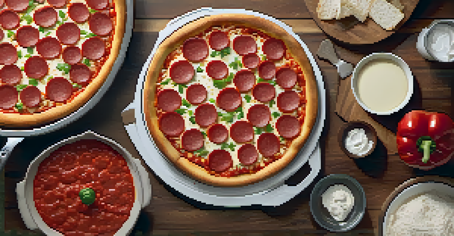An overhead view of a Chicago-style deep-dish pizza with layers of cheese, toppings, and sauce in a pan, surrounded by kitchen utensils.