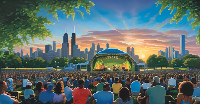 A lively outdoor festival scene with a diverse crowd enjoying live blues music, illuminated stage lights, and the Chicago skyline at sunset.