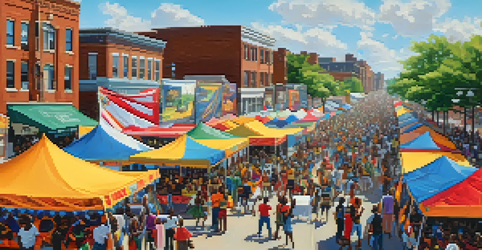 A cultural festival in Bronzeville with artists, musicians, and a diverse crowd celebrating under a sunny sky.