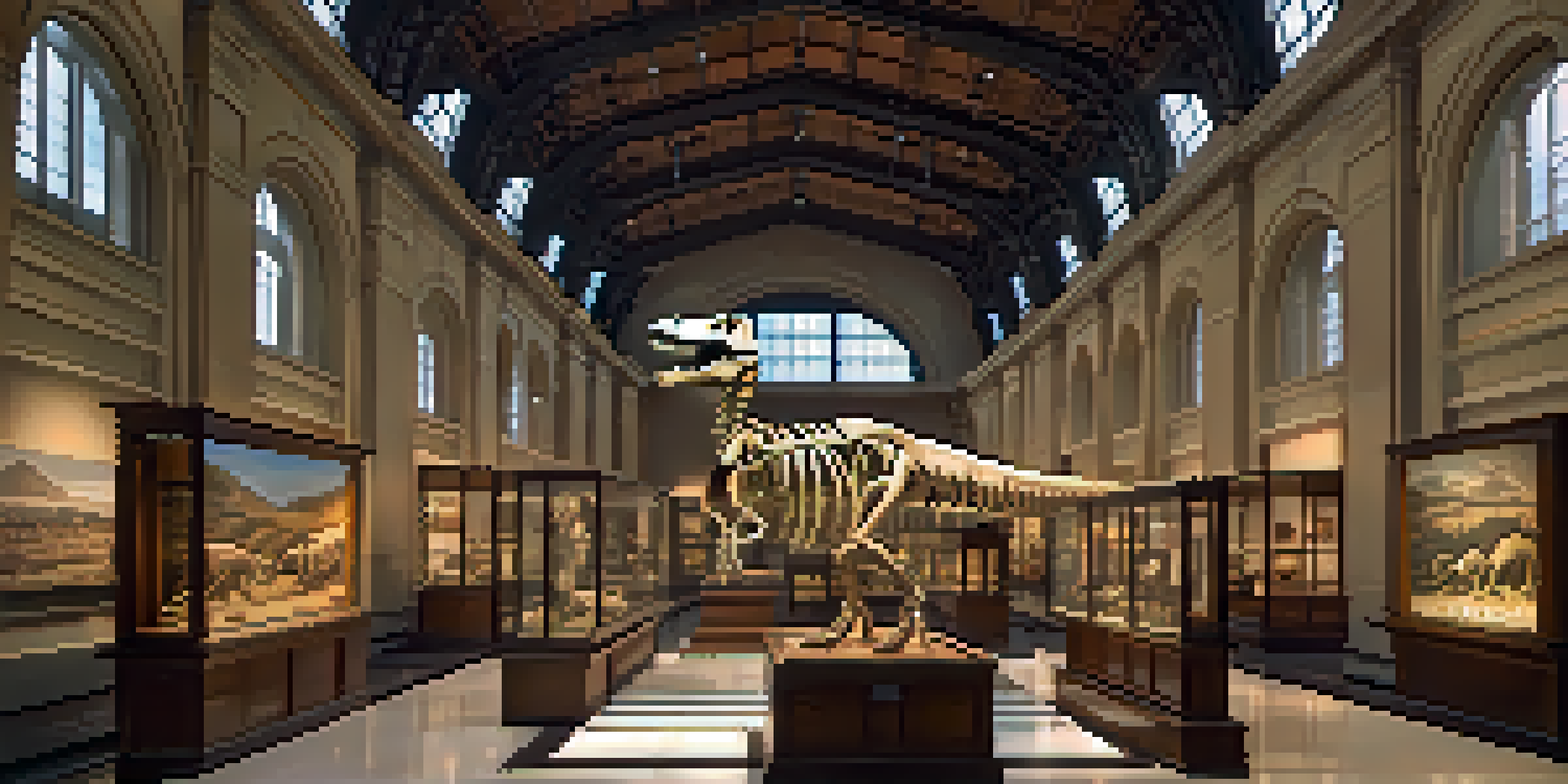 Interior view of the Field Museum featuring the T. rex skeleton with various exhibits in the background, all illuminated by warm lighting.