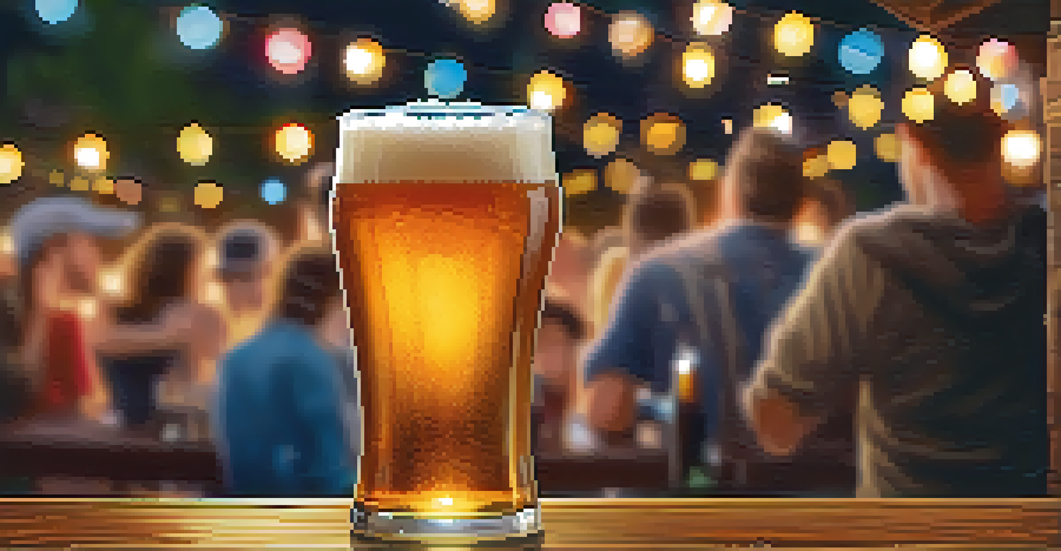 A close-up of a hand holding a glass of amber craft beer with festival-goers in the background.