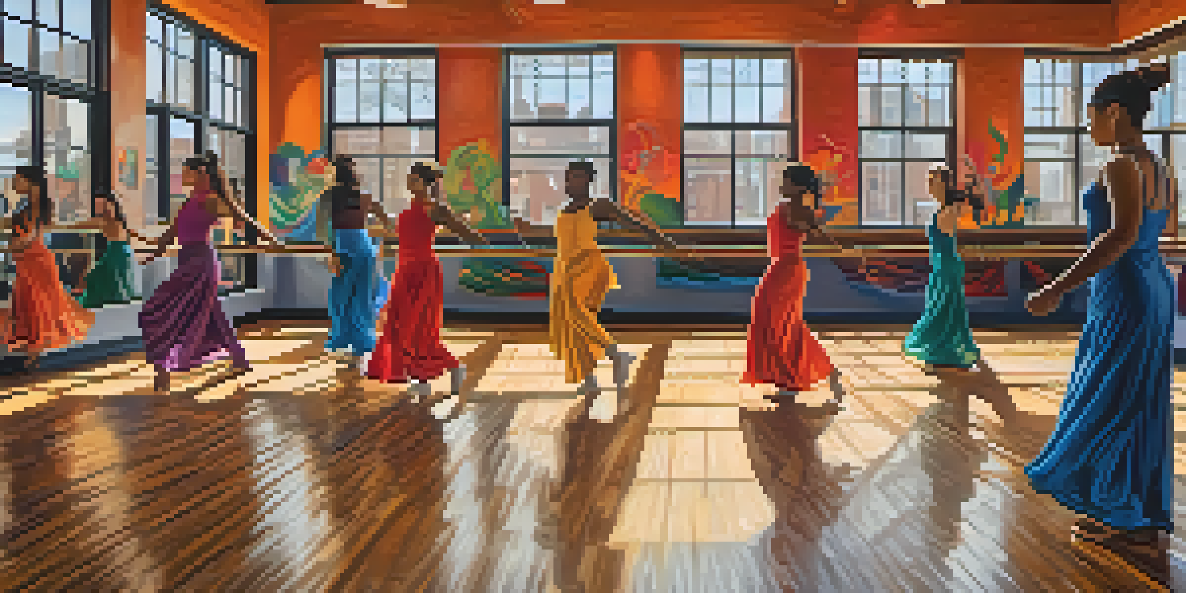 A lively dance studio in Chicago with diverse dancers in various poses, colorful murals on the walls, and sunlight streaming through windows.