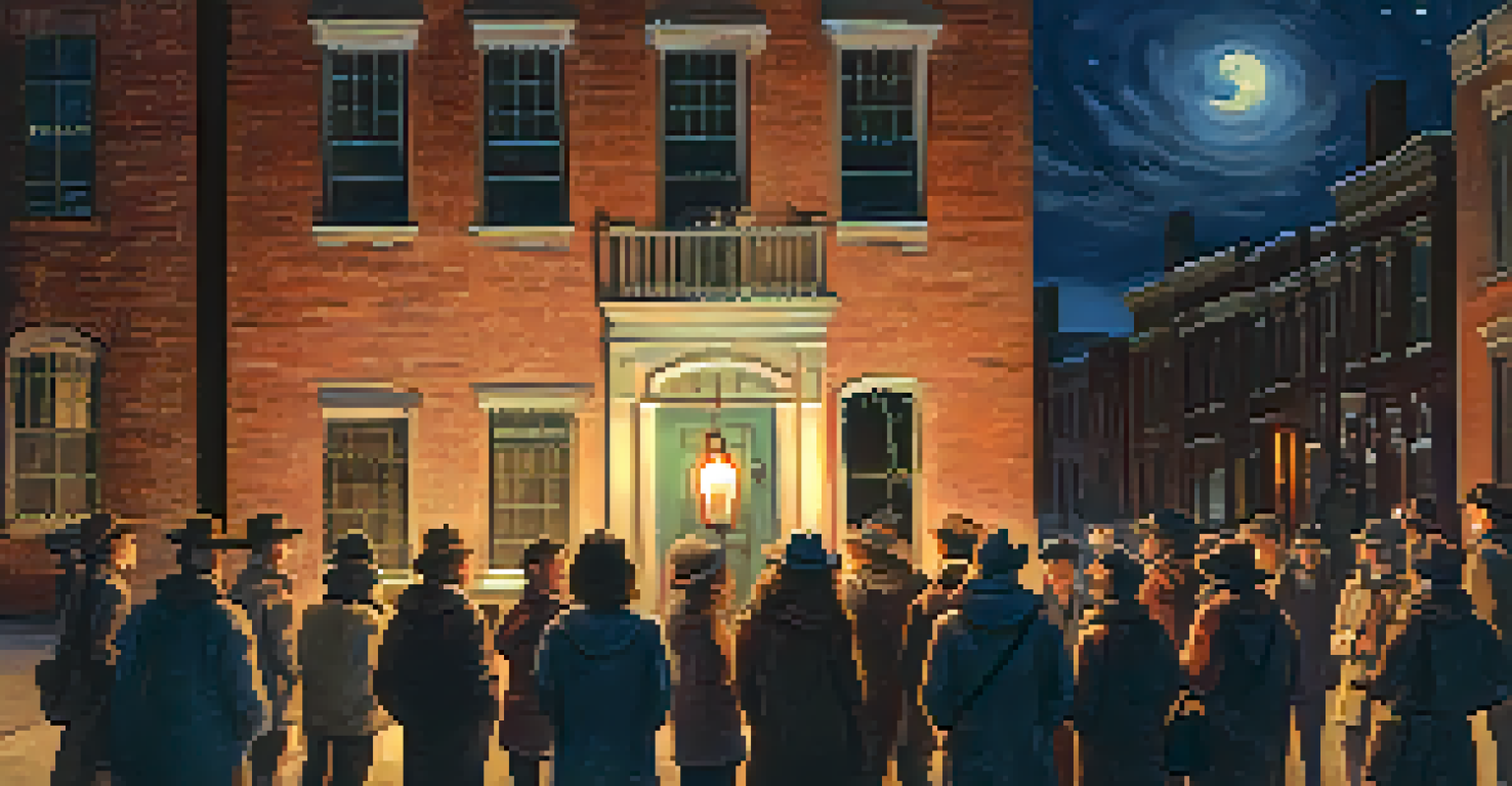 A group of people on a ghost tour listening to a guide in front of a historic site at night under a starry sky.