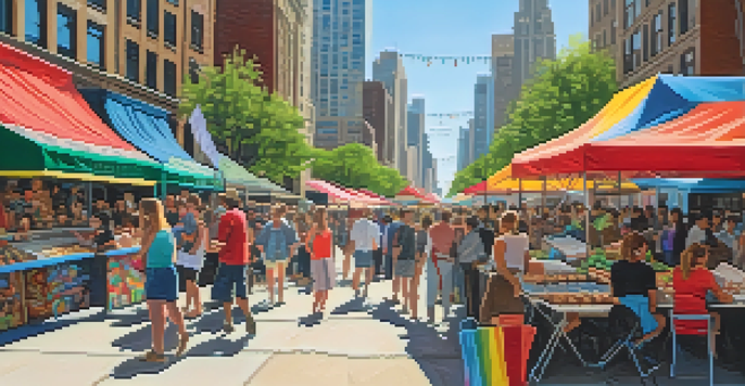 A lively outdoor art festival in Chicago with artists displaying their colorful artworks, food trucks, and visitors enjoying the vibrant atmosphere.